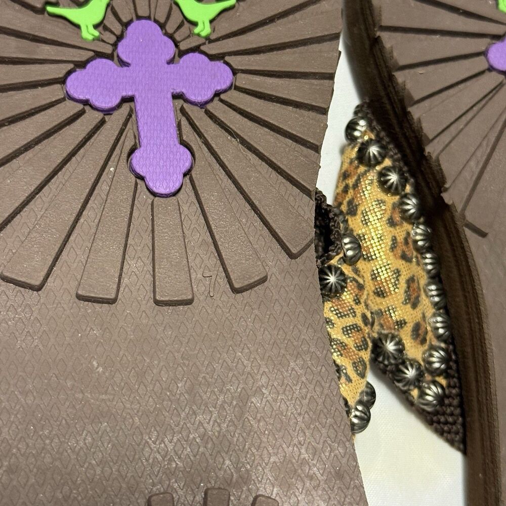 Gypsy Soule Leopard Rhinestone Flip Flop Sandals Women’s Size 7 Boho Bling NWOT - Picture 7 of 15